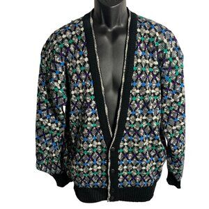 Vintage 90s Boucle Cardigan Sweater XL Black Buttons V Neck Ribbed Knit Trim